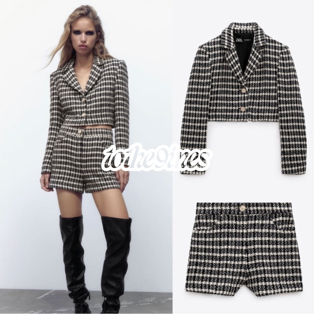 Zara Texture Crop Blazer Short Set Ecru Black Medium